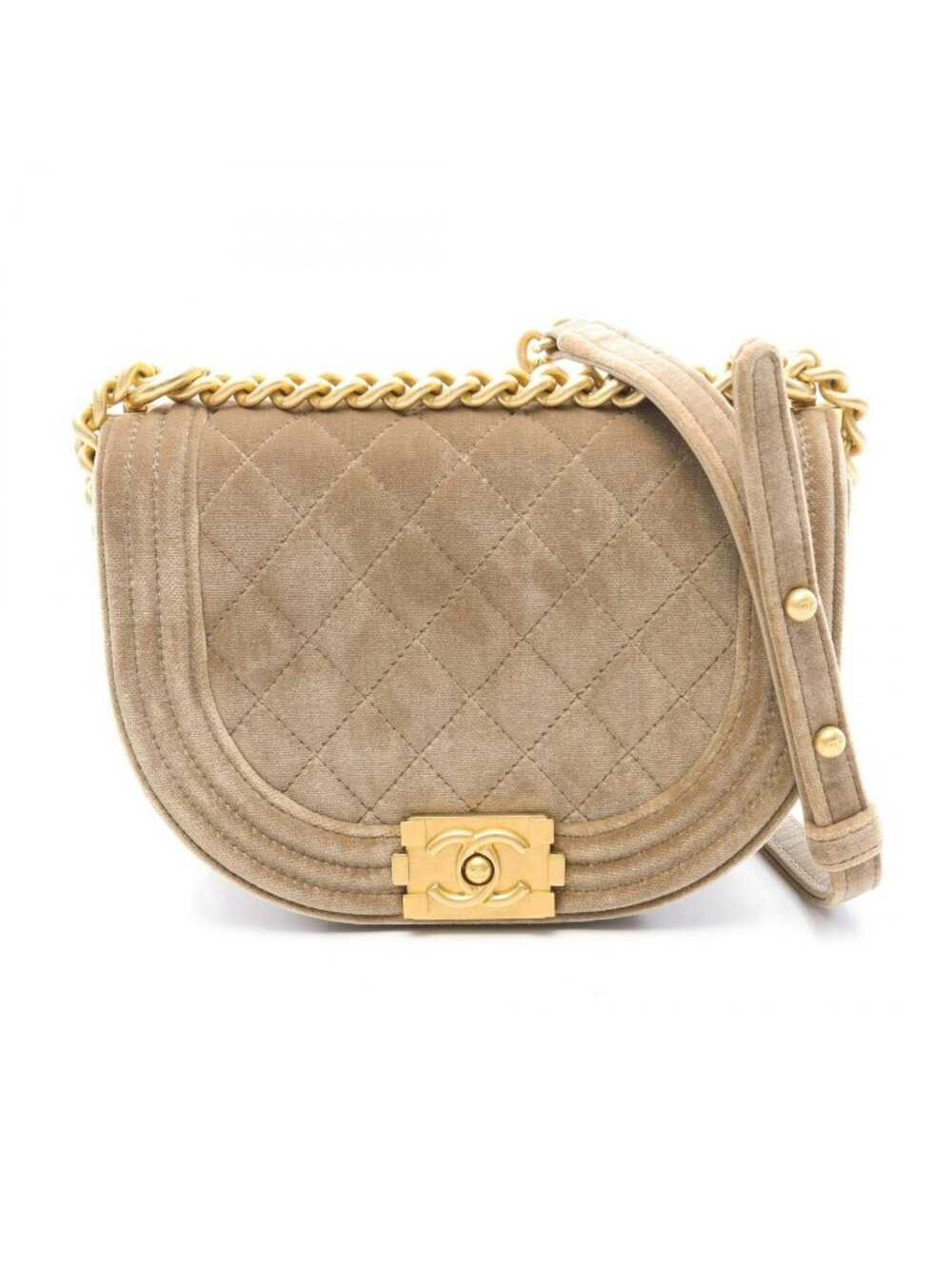 Chanel Shoulder Bag Boy Small Beige Fabric Round Flap Chain